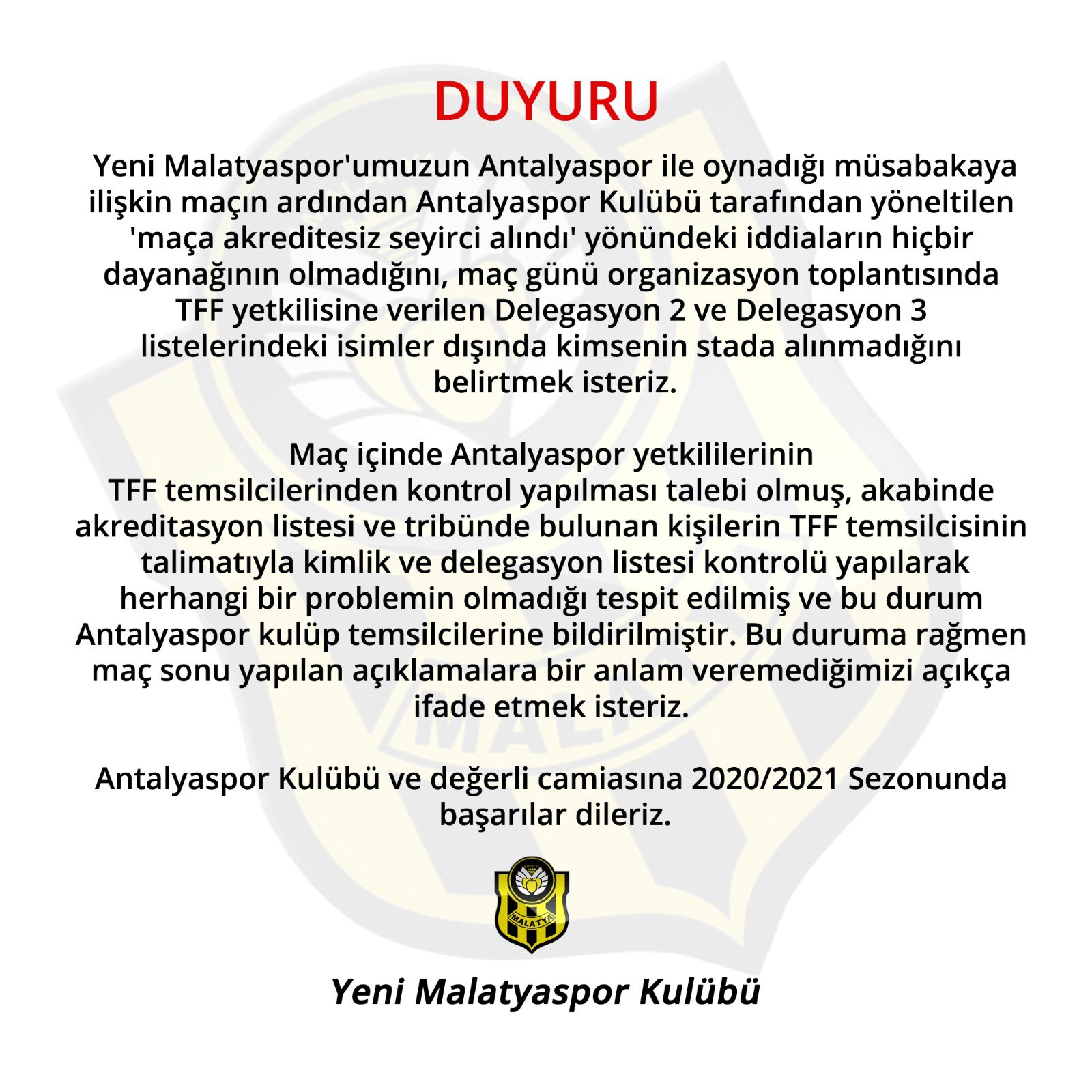 Yeni Malatyaspor'dan iddialara yalanlama